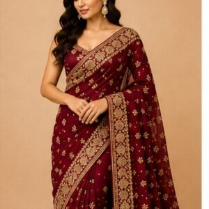 Wine Embroidered Saree