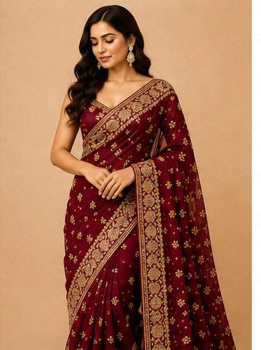 Wine Embroidered Saree